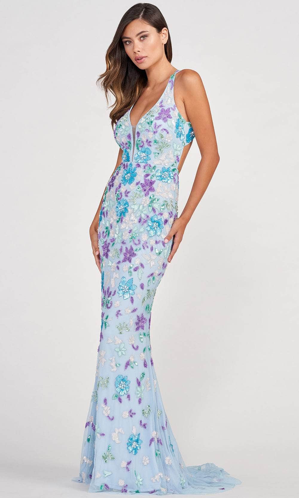 Colette for Mon Cheri CL2088 - Floral Patterned Sequin Long Gown Prom Dresses 00 / Lt Blue Multi