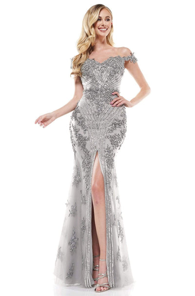 Colors Couture - J131 Off-Shoulder Embellished Trumpet Dress Evening Dresses 0 / Silver