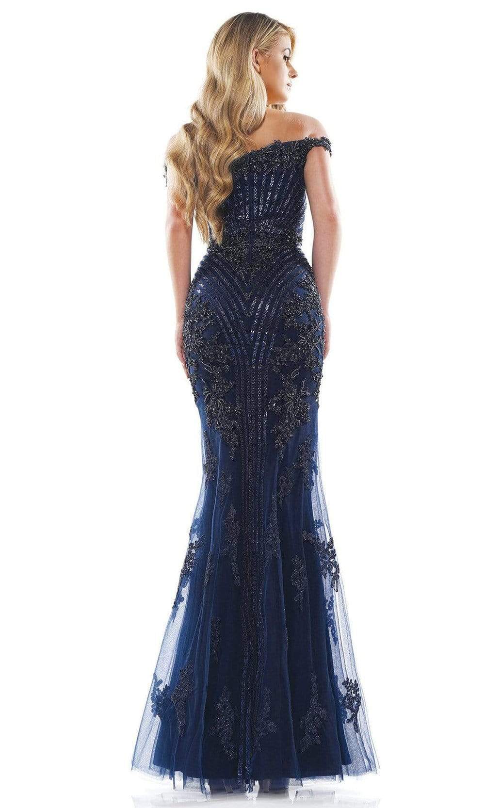 Colors Dress - Beaded Off Shoulder Trumpet Gown J131SC In Blue