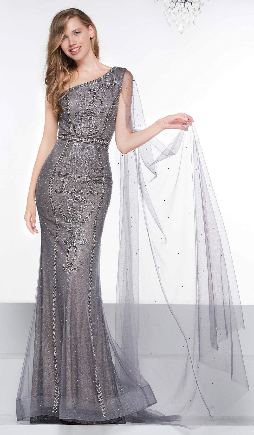 Colors Dress - 2058 Embellished One Shoulder Trumpet Dress Evening Dresses 0 / Grey/Nude