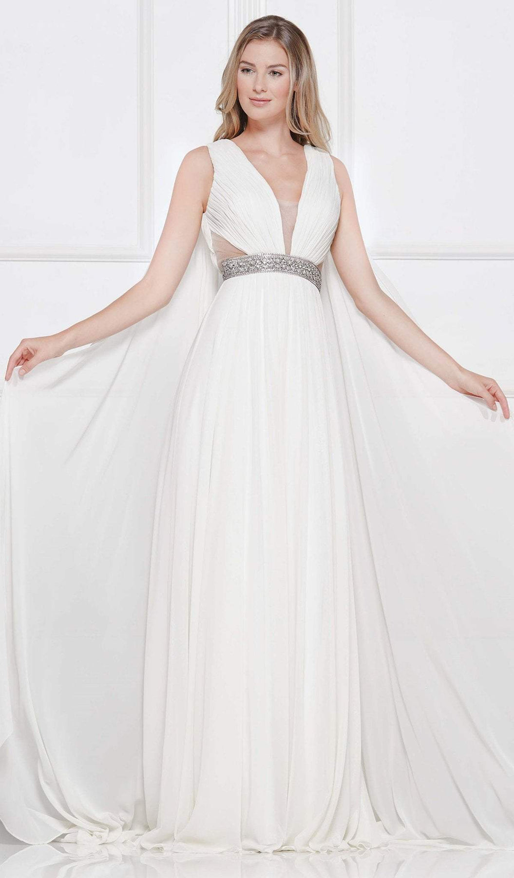 Colors Dress - 2083 Ruched Plunging Caped Evening Gown Special Occasion Dress 0 / Off White