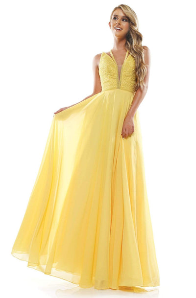 Colors Dress - 2320 Embellished Sleeveless Long A-line Dress Prom Dresses 0 / Yellow