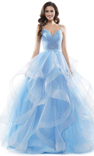 Colors Dress - 2381 V Neck Glitter Mesh Ballgown Prom Dresses 0 / Cornflower