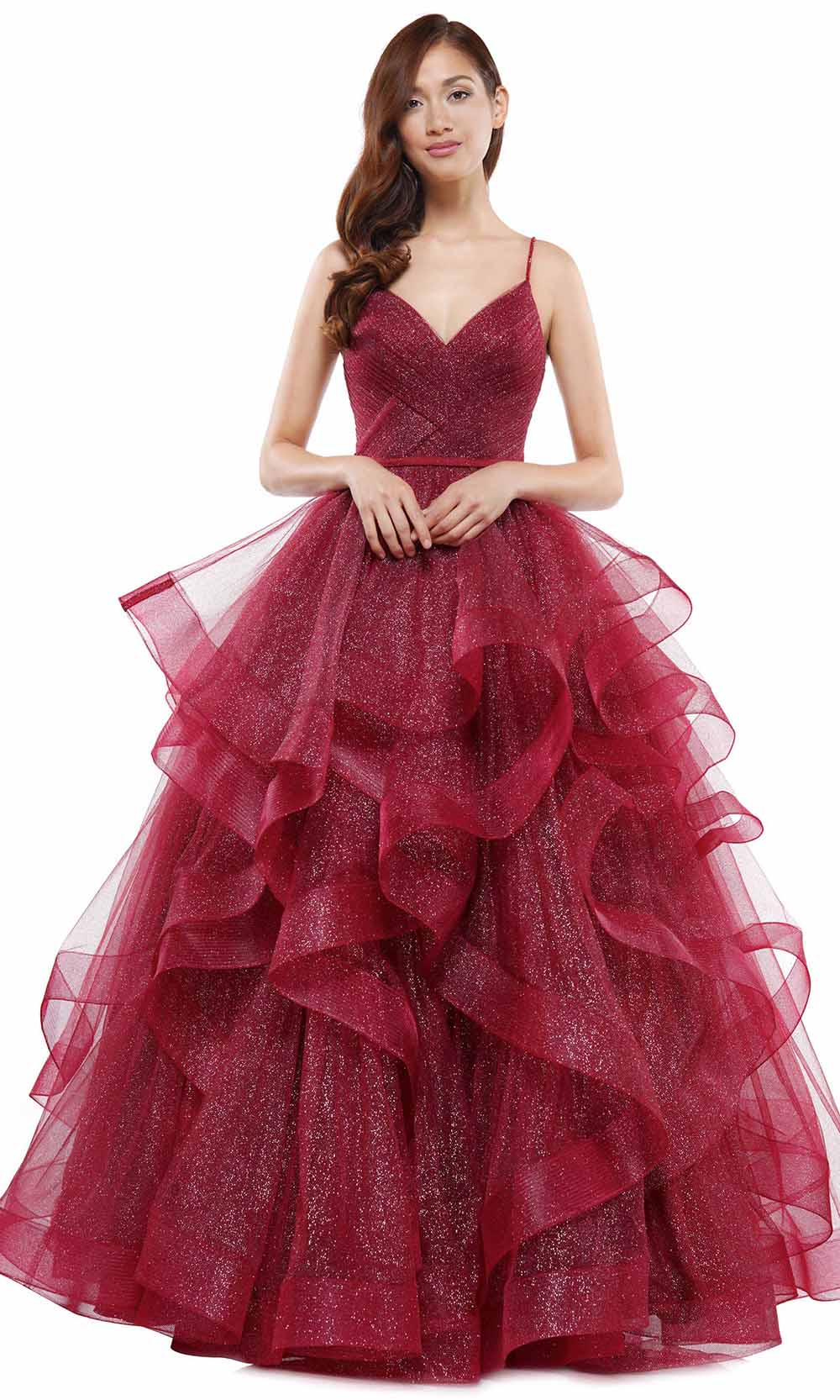 Colors Dress - 2381 V Neck Glitter Mesh Ballgown Prom Dresses 0 / Garnet