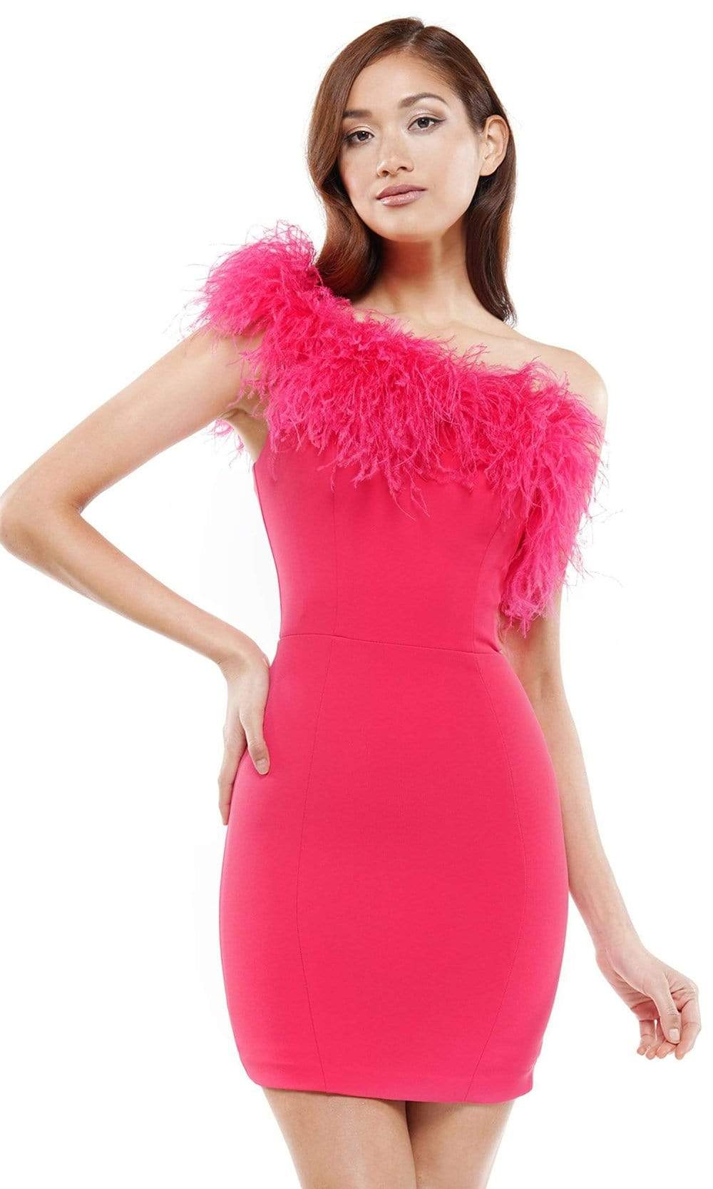Colors Dress - 2404 Feather Ornate One Shoulder Dress Cocktail Dresses 0 / Hot Coral