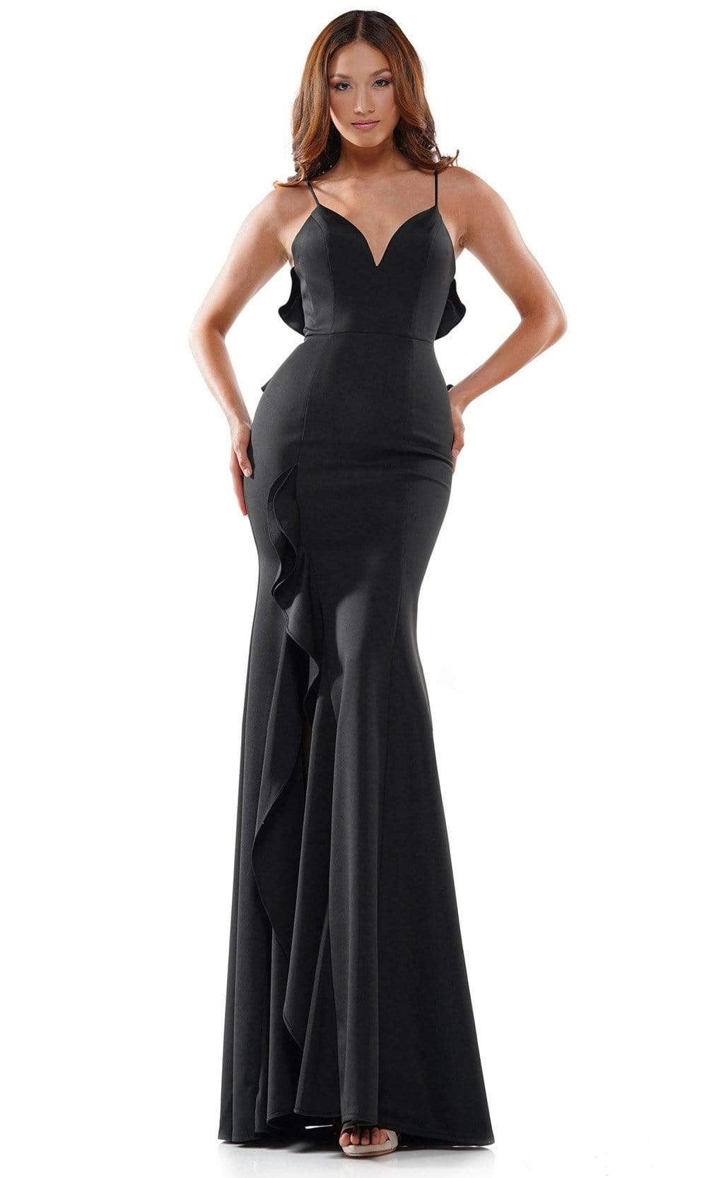 Colors Dress - 2646 Sweetheart Bodice Ruffle Trim High Slit Gown Evening Dresses 0 / Black