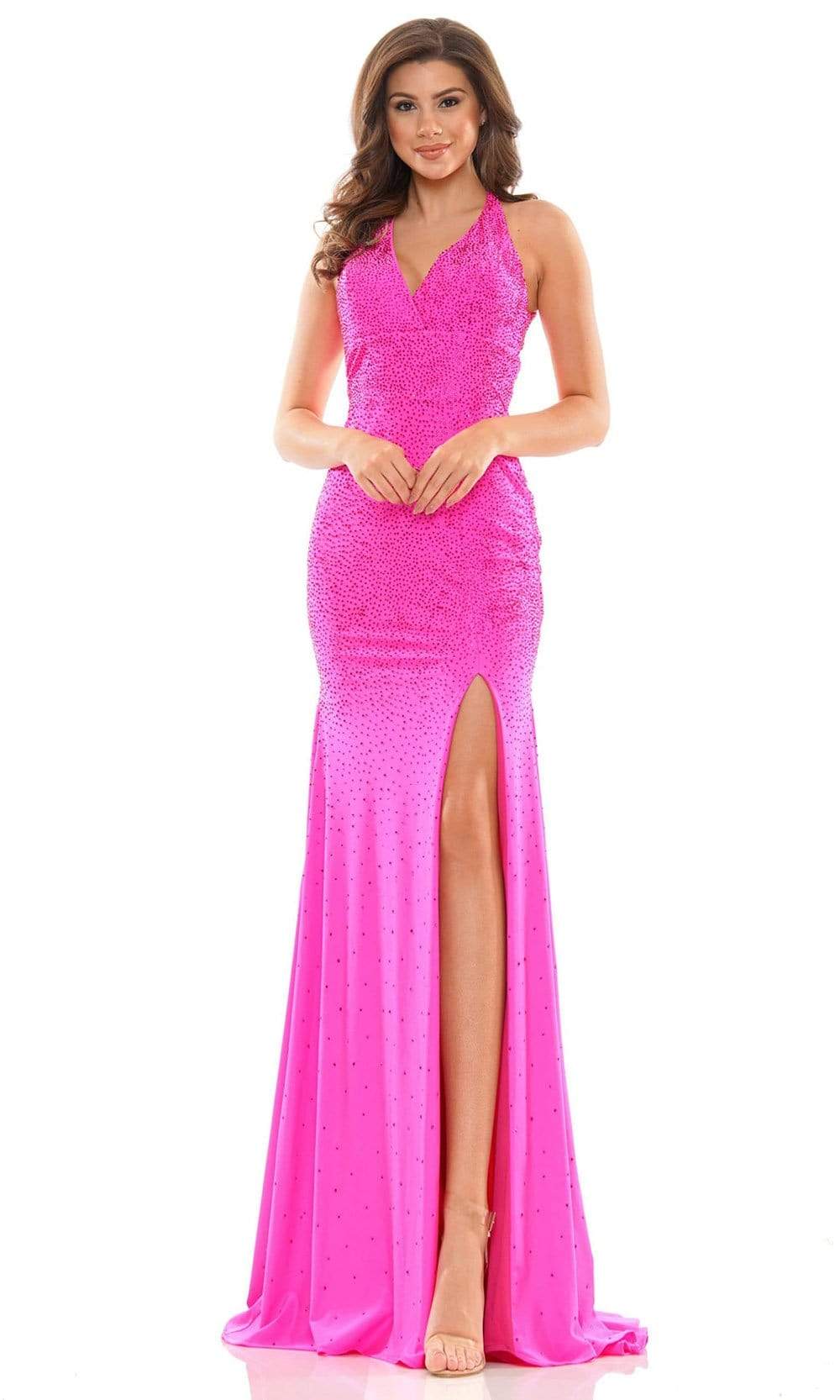 Colors Dress - 2658 Jeweled Halter Gown with Slit Prom Dresses 0 / Hot Pink