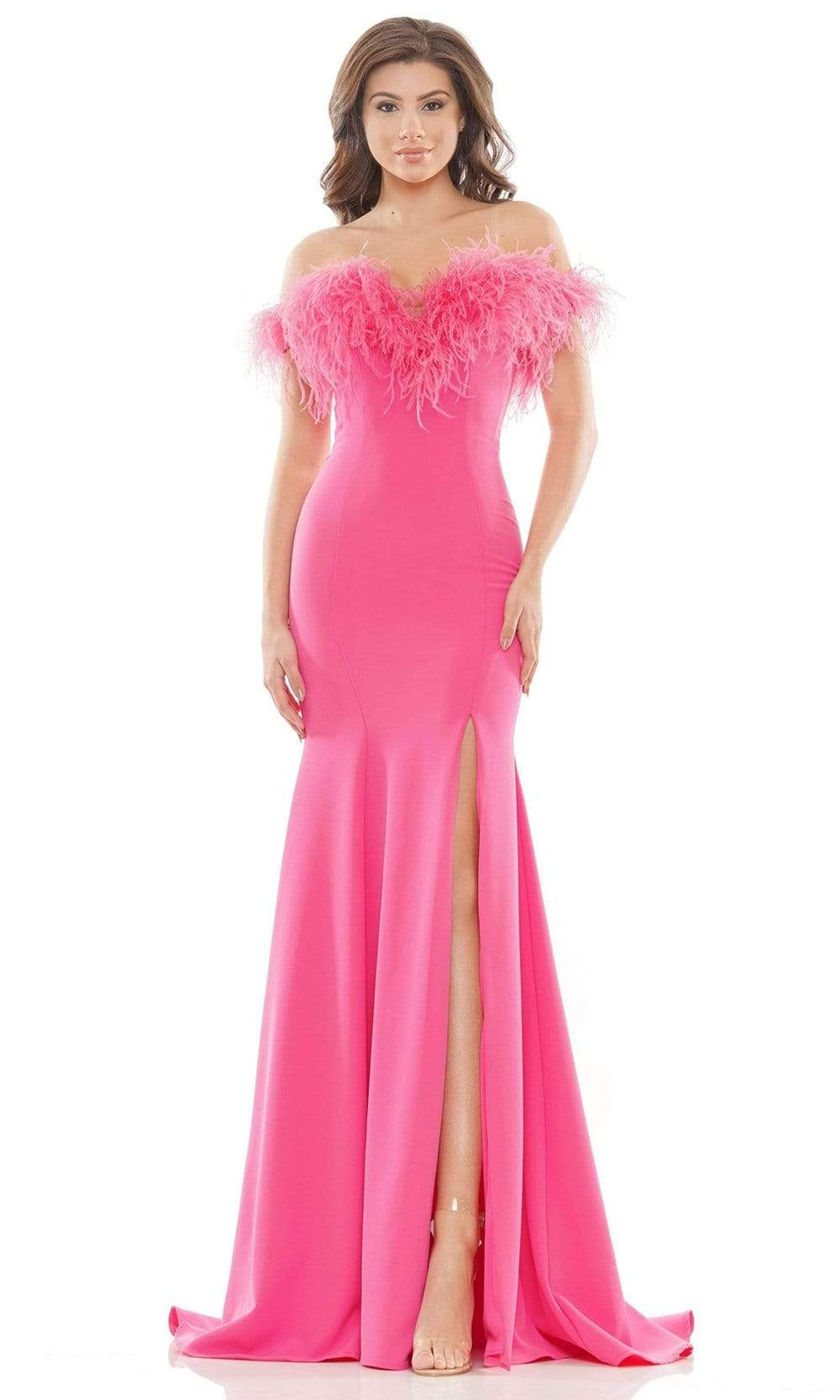Colors Dress - 2663 Feather Trimmed High Slit Gown Special Occasion Dress 2 / Hot Pink