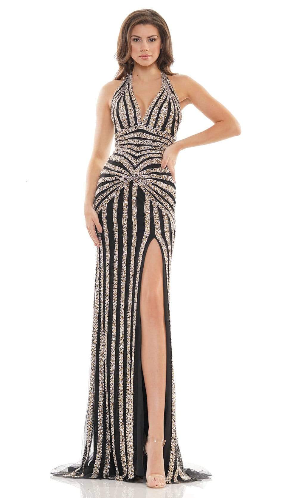 Colors Dress - 2704 Stripe Embellished Evening Gown Prom Dresses 0 / Black Gold