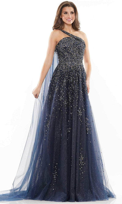 Colors Dress 2731 - Bejeweled Asymmetrical Long Gown Prom Dresses 0 / Navy