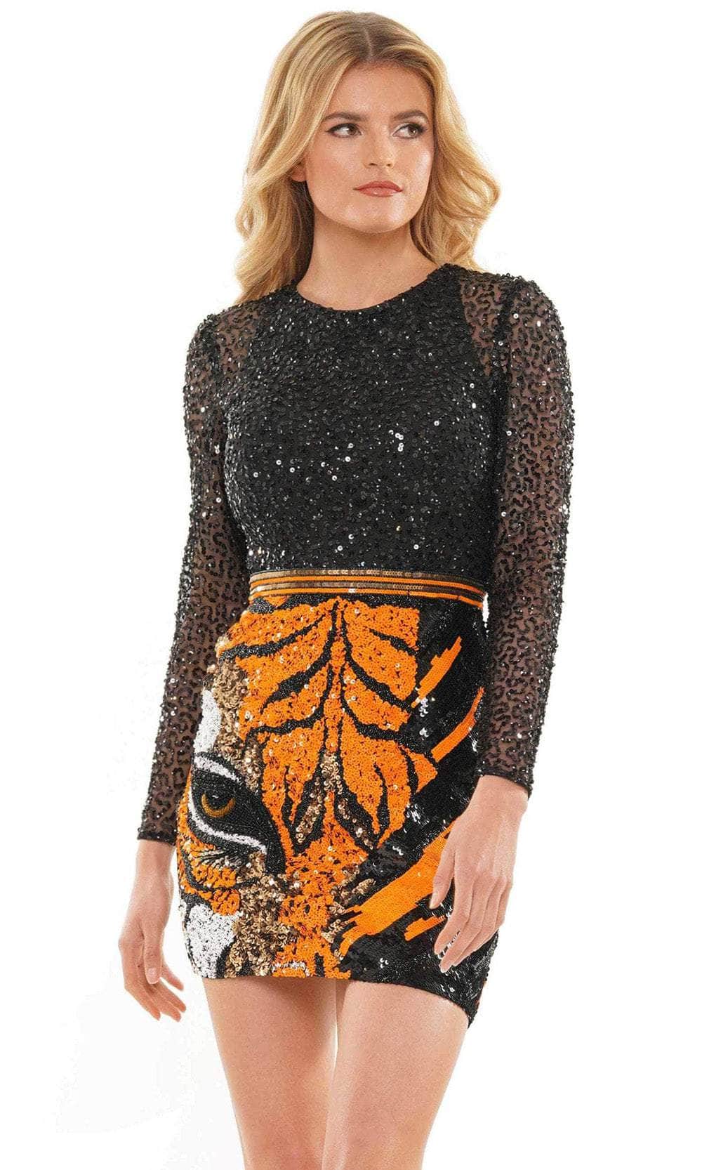 Colors Dress 2807 - Fully Sequined Long Sleeve Short Dress Cocktail Dresses 0 / Black