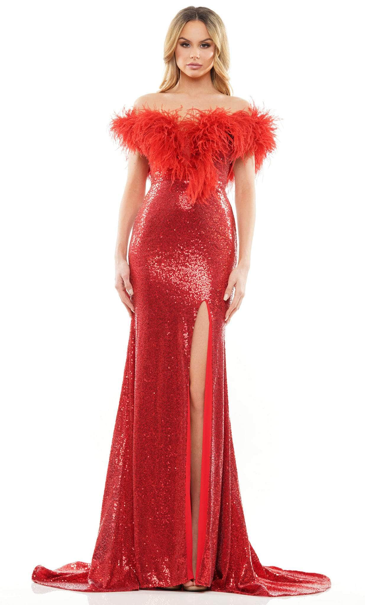 Colors Dress 2850 - Feathered Neck Sequined Dress Special Occasion Dress 2 / Red