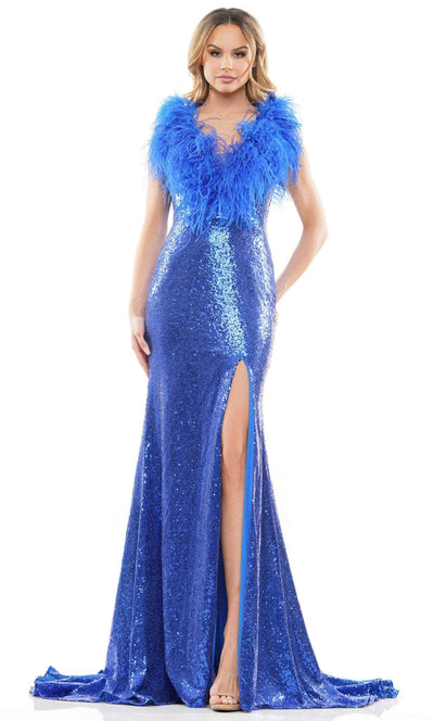 Colors Dress 2850 - Feathered Neck Sequined Dress Special Occasion Dress 2 / Royal
