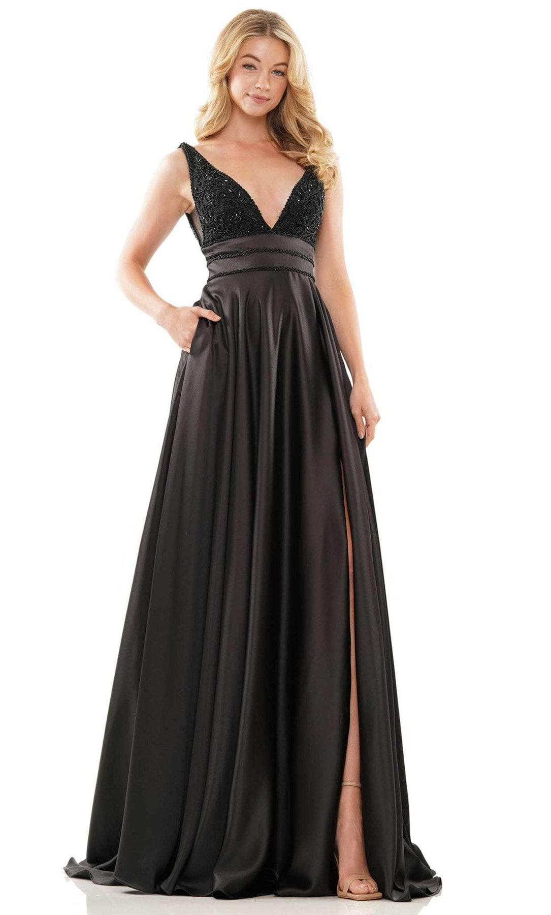 Colors Dress 2887 - Long Stretch Satin A-line Dress - Sleeveless, Embellished Bodice, Slit, Train, Open Back, Lace-up Tie, Back Zipper Closure, Beaded Bands, Side Mesh Panels ADASA Colors Dress 2887 - Long Stretch Satin A-line Dress - Sleeveless, Embellished Bodice, Slit, Train, Open Back, Lace-up Tie, Back Zipper Closure, Beaded Bands, Side Mesh Panels ADASA