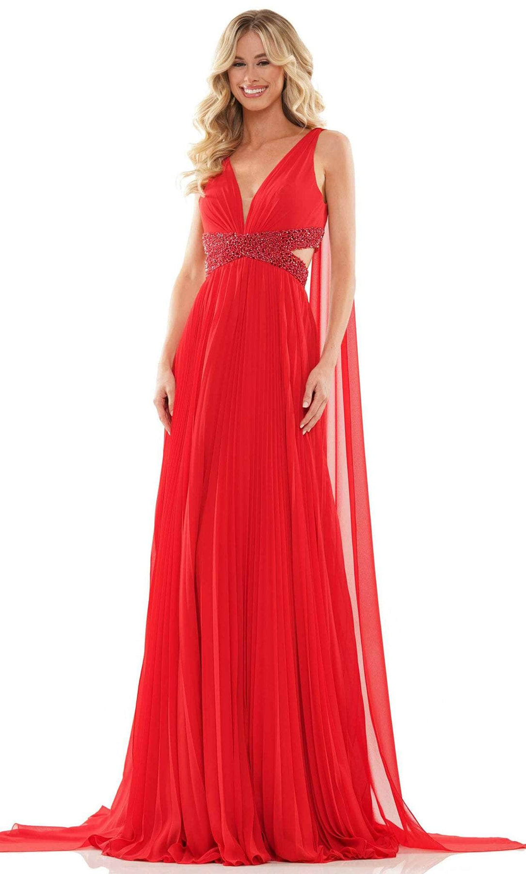 Colors Dress 2895 - Long Pleated Chiffon A-line Dress - Sleeveless, Cut-Out, V-Shaped Back, Back Zipper Closure, Train, Cape, Beaded Waistline ADASA Colors Dress 2895 - Long Pleated Chiffon A-line Dress - Sleeveless, Cut-Out, V-Shaped Back, Back Zipper Closure, Train, Cape, Beaded Waistline ADASA