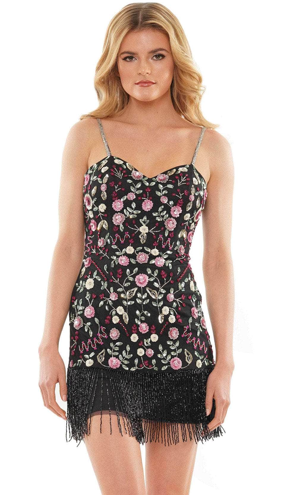 Colors Dress 2900 - Floral Beaded Cocktail Dress Special Occasion Dress 0 / Black