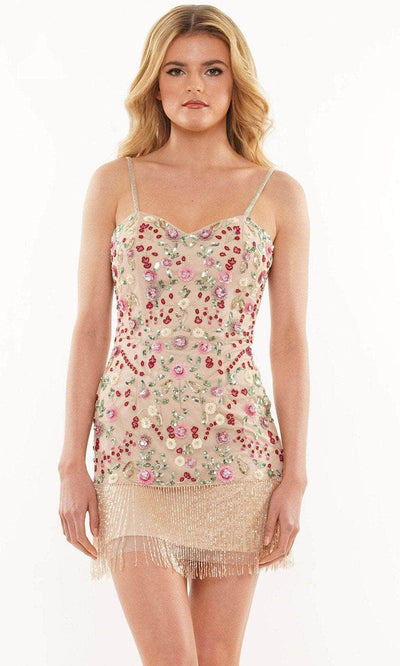 Colors Dress 2900 - Floral Beaded Cocktail Dress Special Occasion Dress 0 / Nude