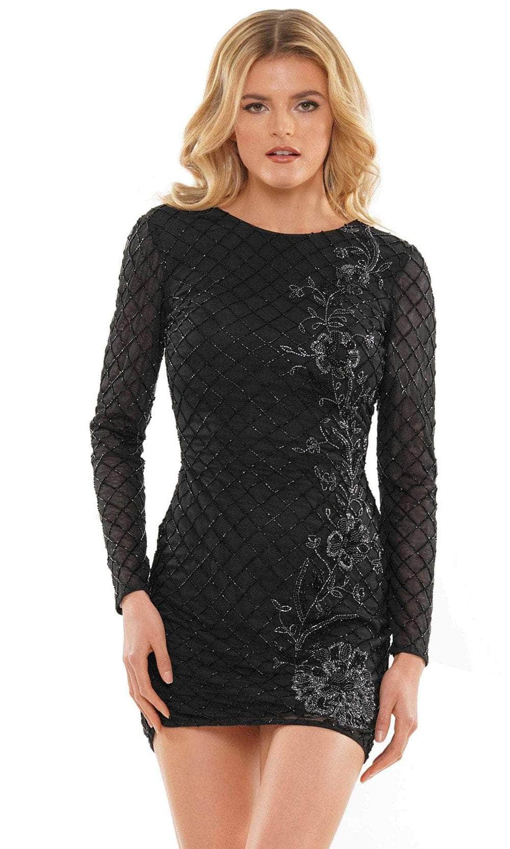 Colors Dress 2907 - Long Sleeve Jewel Neck Short Dress Cocktail Dresses 0 / Black