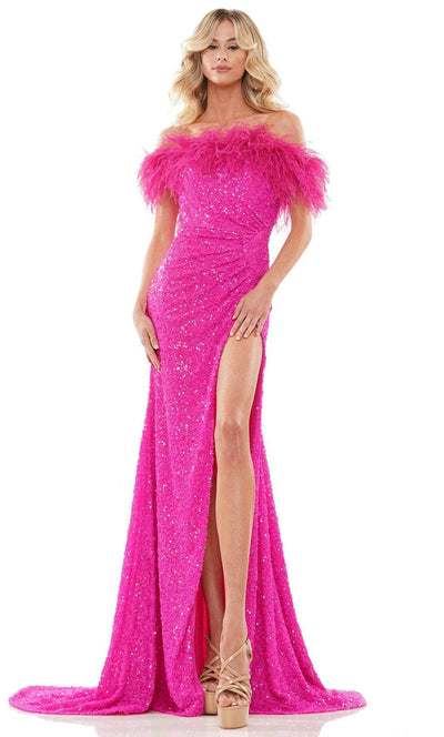 Colors Dress 2997 - Feathered Off-Shoulder Dress