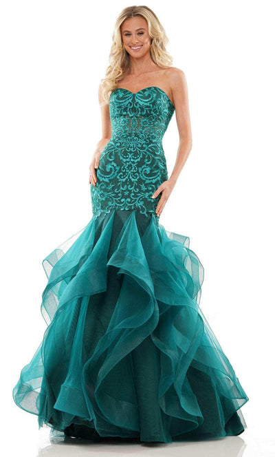Colors Dress 2998 - Strapless Ruffled Skirt Prom Gown Special Occasion Dress 0 / Deep Green