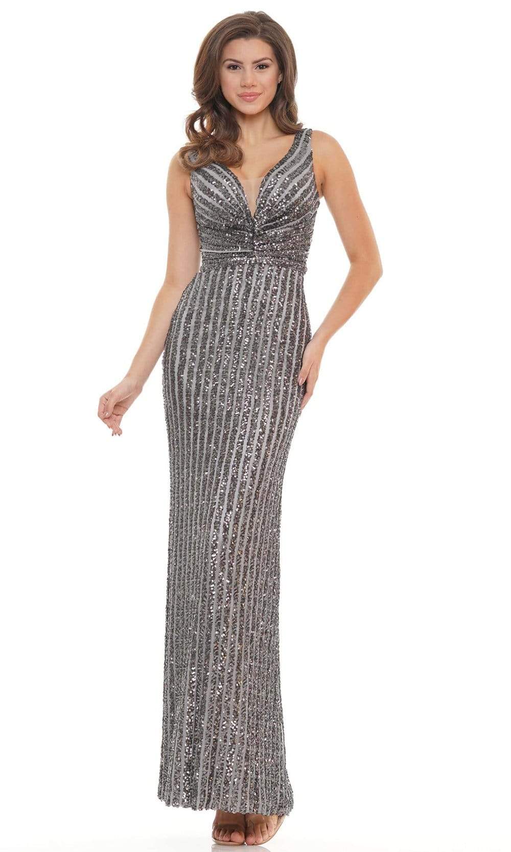 Colors Dress - G1042 Long Stripe Sequin Gown Special Occasion Dress 2 / Gunmetal