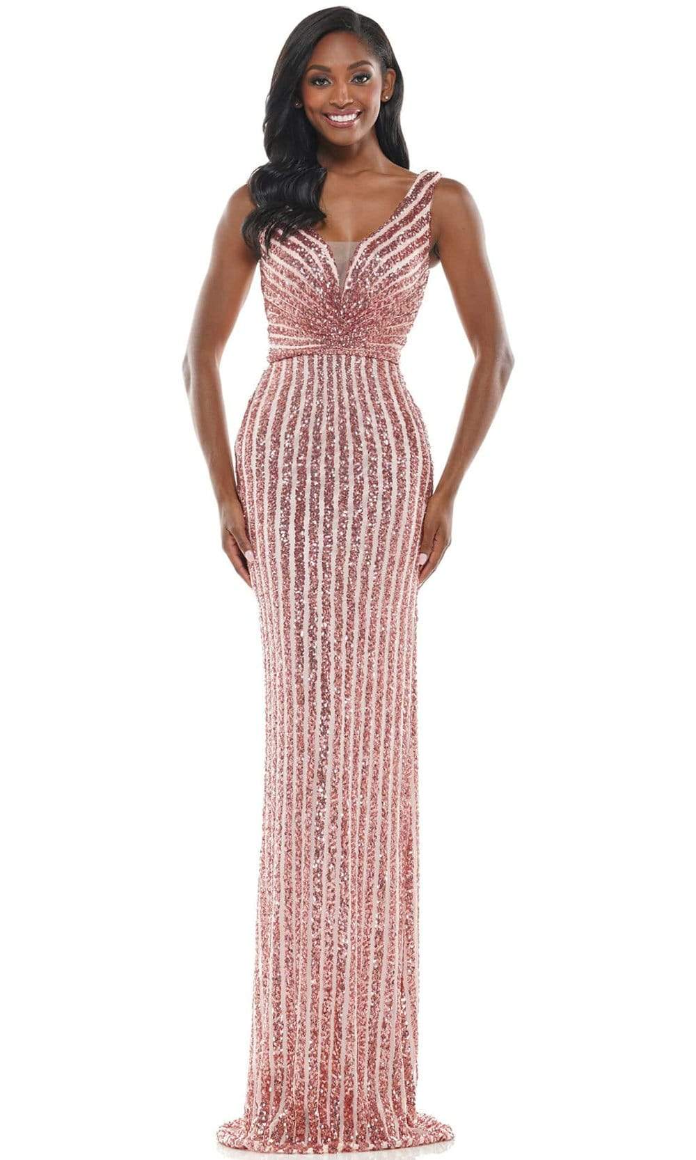 Colors Dress - G1042 Long Stripe Sequin Gown Special Occasion Dress 2 / Rose Gold