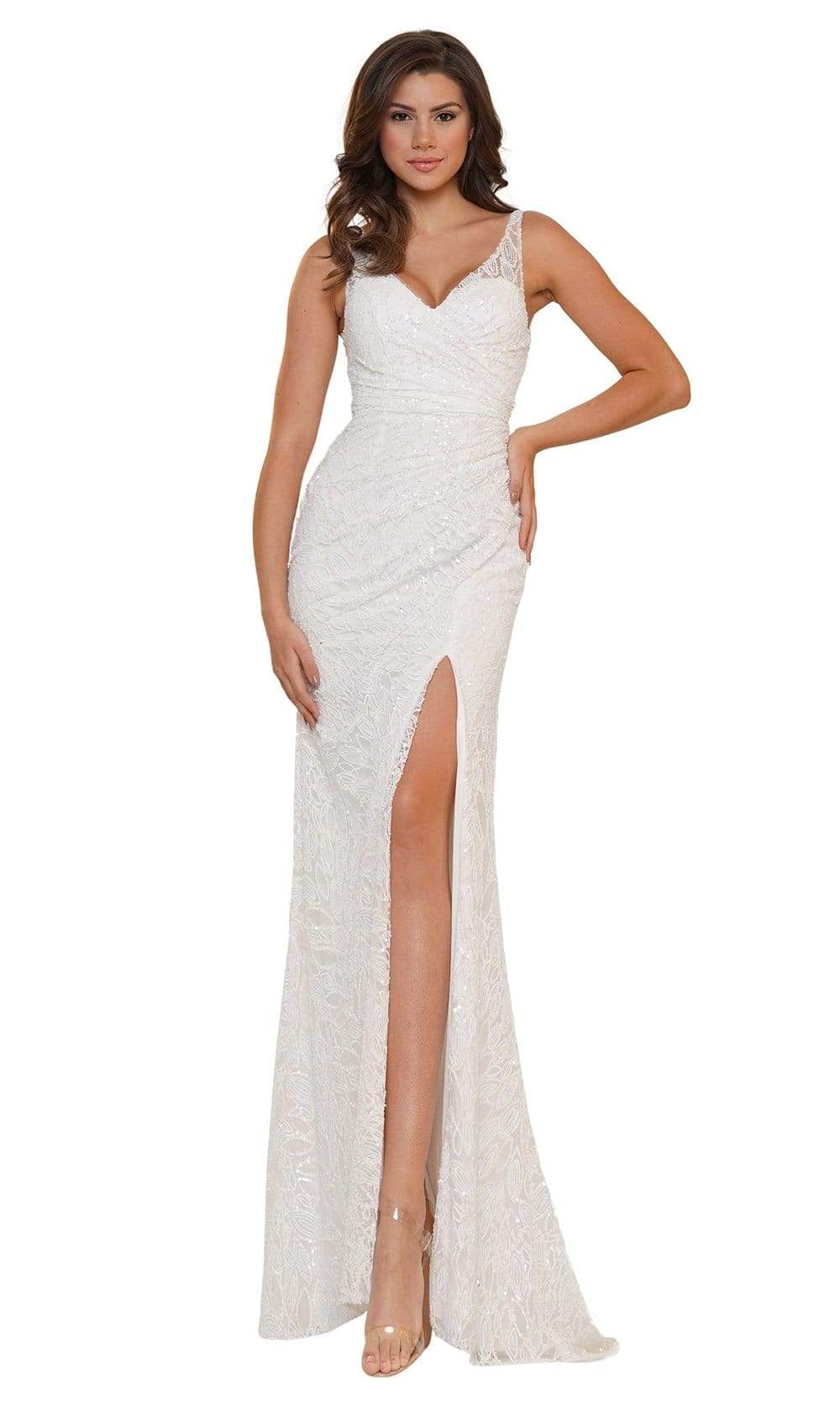 Colors Dress - G1074 V-Neck Ruched Sequin Dress Prom Dresses 2 / Off White