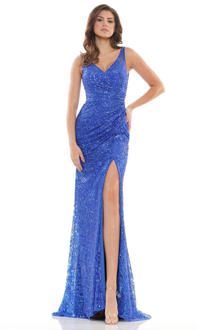 Colors Dress - G1074 V-Neck Ruched Sequin Dress Prom Dresses 2 / Royal