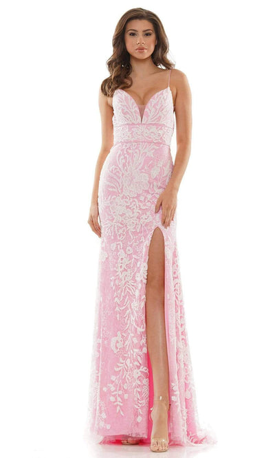 Colors Dress - G1076 Embellished Sheath V Neck Dress Prom Dresses 0 / Pink