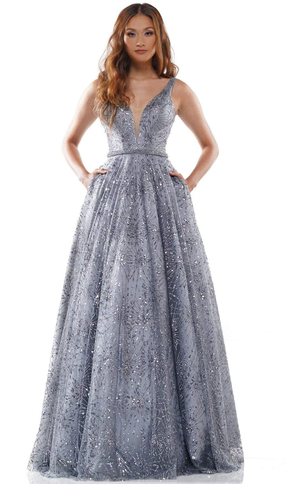 Colors Dress - G942 V-Neck Glittering Ballgown Prom Dresses 2 / Slate Blue