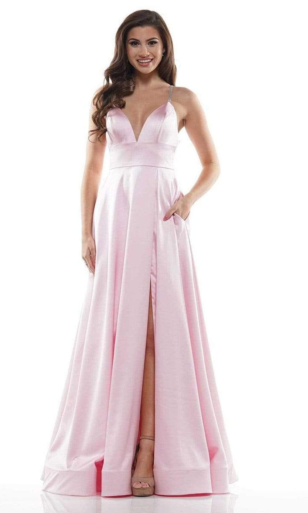 Colors Dress - G968 Strappy Satin A-Line Gown In Pink
