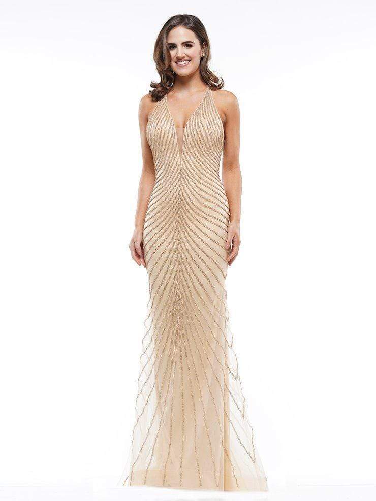 Colors Dress - J105 Beaded Deep V-neck Trumpet Dress Evening Dresses 0 / Nude/Gold