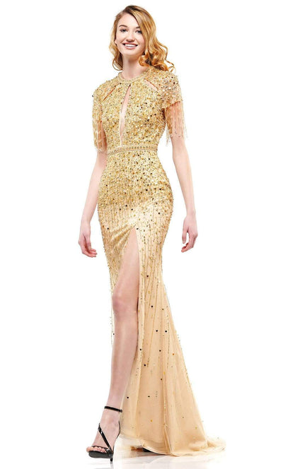 Colors Dress - J114 Beaded Jewel Dress with Slit Evening Dresses 2 / Gold