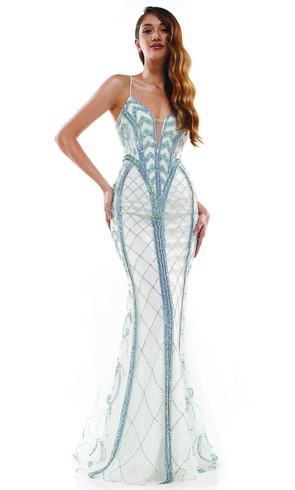 Colors Dress - J127 Beaded Plunging V Neck Gown Evening Dresses 0 / Iridescent