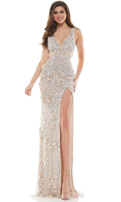 Colors Dress K110 - Beaded Deep V-Neck Prom Dress Special Occasion Dress 0 / Nude