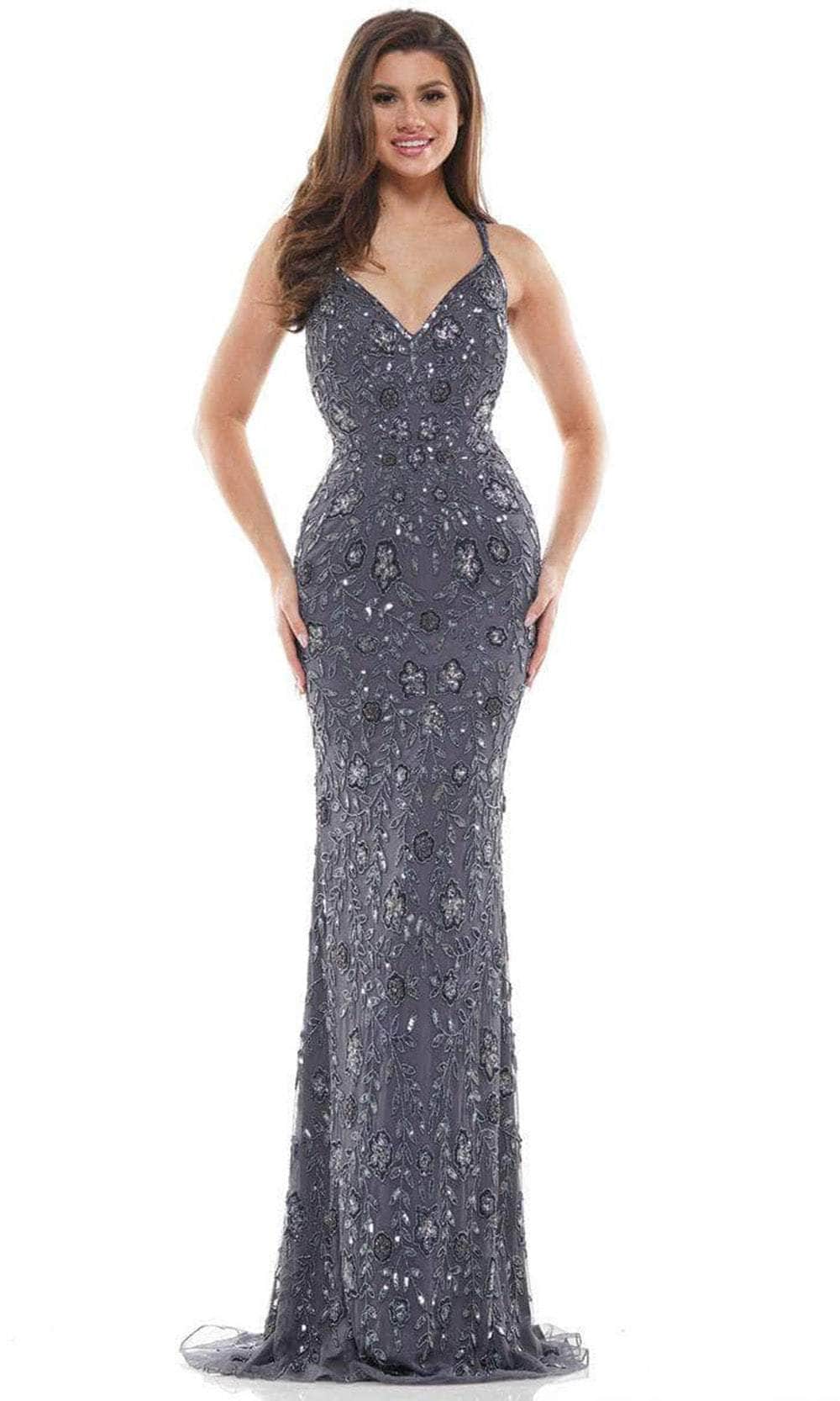 Colors Dress K115 - Embroidered Plunging V-neck Long Gown Prom Dresses 0 / Gunmetal