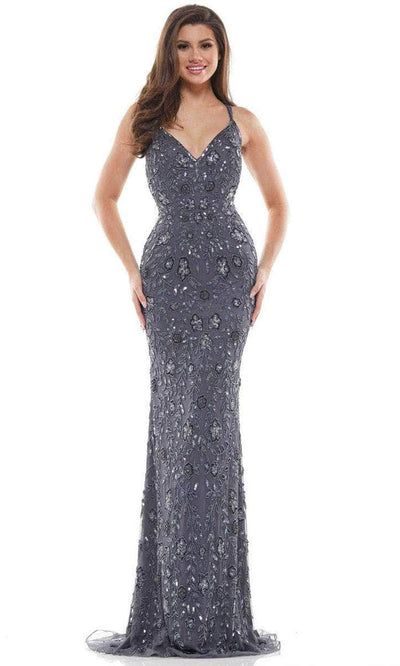 Colors Dress K115 - Embroidered Plunging V-neck Long Gown Prom Dresses 0 / Gunmetal