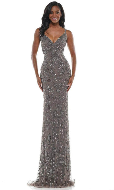 Colors Dress K115 - Embroidered Plunging V-neck Long Gown Prom Dresses 0 / Mink
