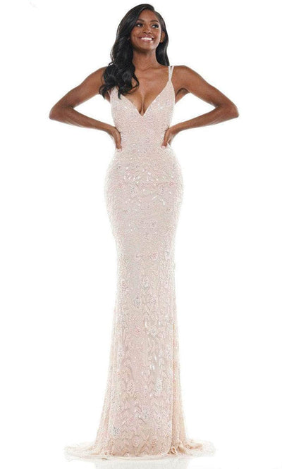 Colors Dress K115 - Embroidered Plunging V-neck Long Gown Prom Dresses