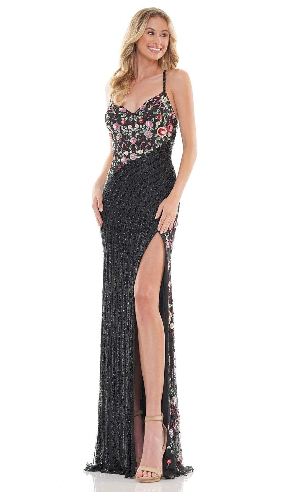 Colors Dress - K123 Floral Pattern Slit Column Gown Prom Dresses 0 / Black