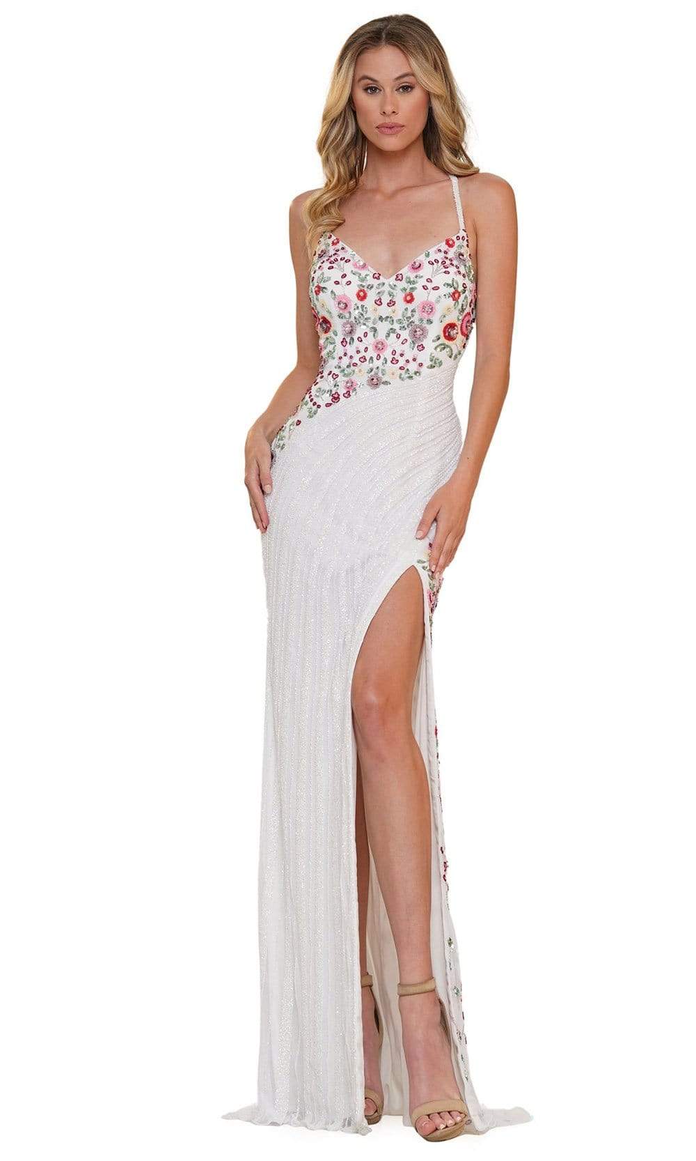 Colors Dress - K123 Floral Pattern Slit Column Gown Prom Dresses 0 / White