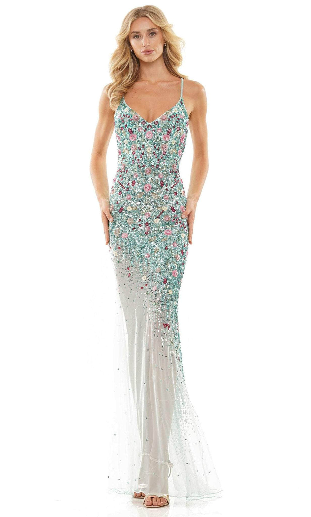 Colors Dress K137 - Floral Embellished V-Neck Prom Dress Special Occasion Dress 0 / Aqua