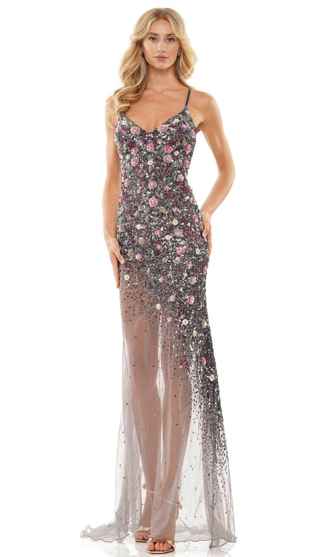 Colors Dress K137 - Floral Embellished V-Neck Prom Dress Special Occasion Dress 0 / Charcoal