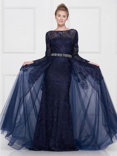 Colors Dress - Lace Sheath Long Sleeve Gown with Overskirt 1830SL CCSALE 18 / Navy