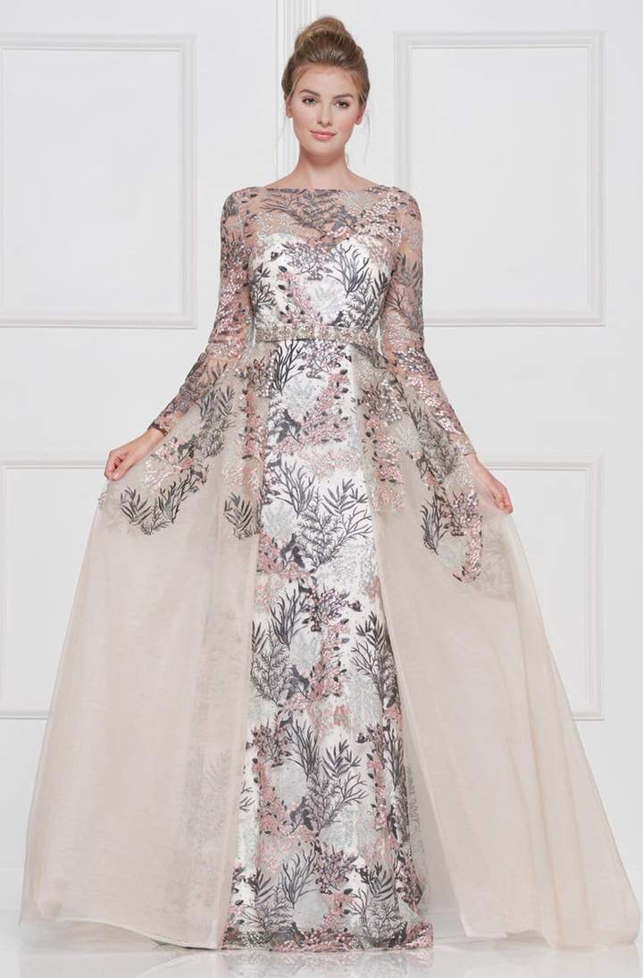 Colors Dress - Lace Sheath Long Sleeve Gown with Overskirt 1830SL CCSALE 20 / Nude / Multi