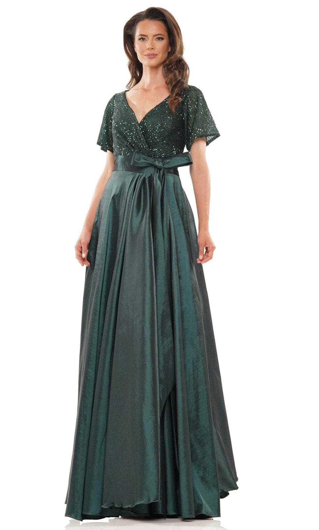 Colors Dress M316 - Long Sequin/Taffeta A-Line Dress - Short Sleeve, Sequin, Wide Waistband, Bow Tie, Pleated, Full Length ADASA Colors Dress M316 - Long Sequin/Taffeta A-Line Dress - Short Sleeve, Sequin, Wide Waistband, Bow Tie, Pleated, Full Length ADASA