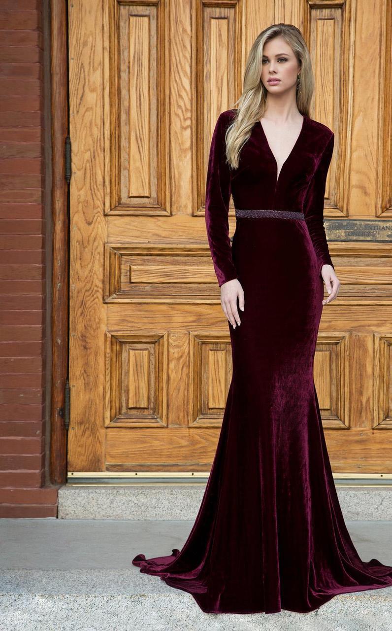 Colors Dress Plunging V-Neck Long Sleeve Velvet Gown CCSALE 8 / Burgundy