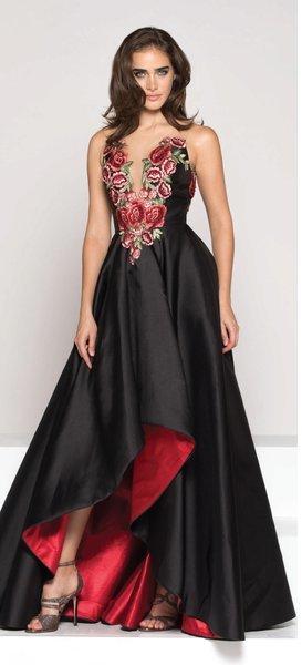 Colors Dress Sheer and Floral Ornate High Low Gown 1811 CCSALE 4 / Black & Red