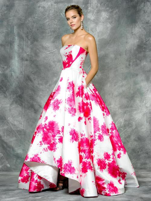 Colors Dress Strapless Floral Pleated Mikado High Low Dress 1685 - 1 pc Hot Pink & White In Size 10 Available CCSALE 10 / Hot Pink & White