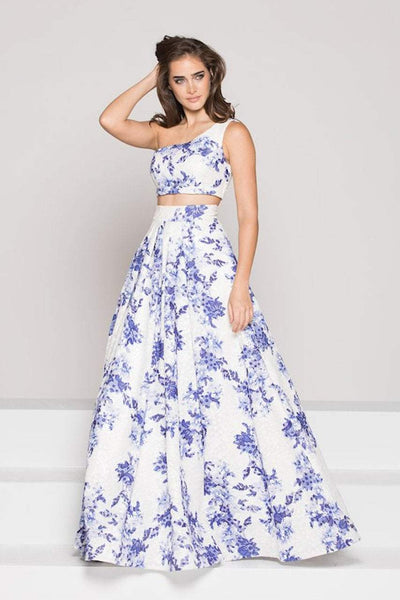 Colors Dress Two Piece Asymmetric Floral Evening Dress 1836 CCSALE 2 / Royal & White